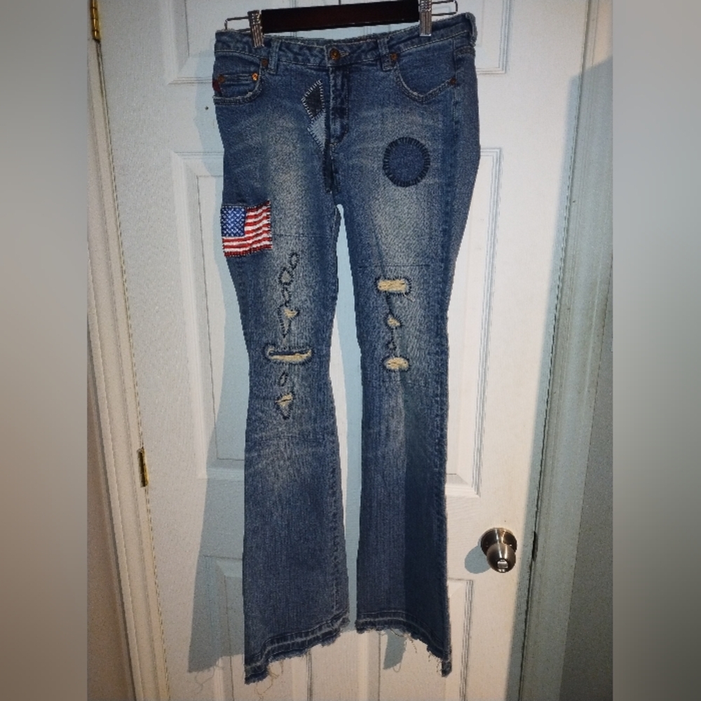 Vintage Parasuco Ergonomic Low Rise Flare Jeans With Patches